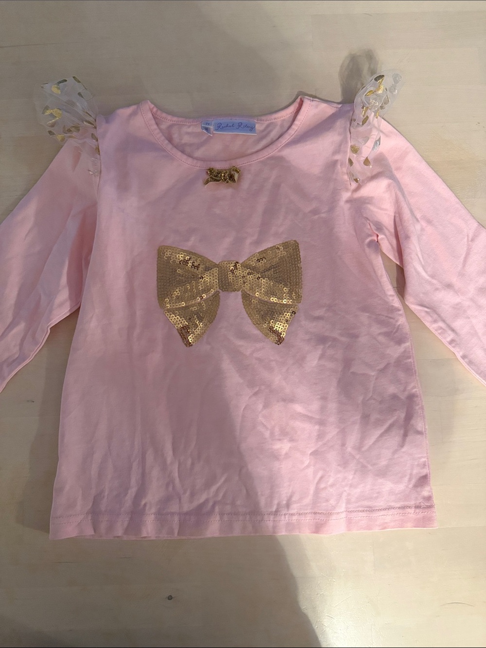 Rachel Riley Pink Long Sleeve Tee with Gold Sequin Bow Accents